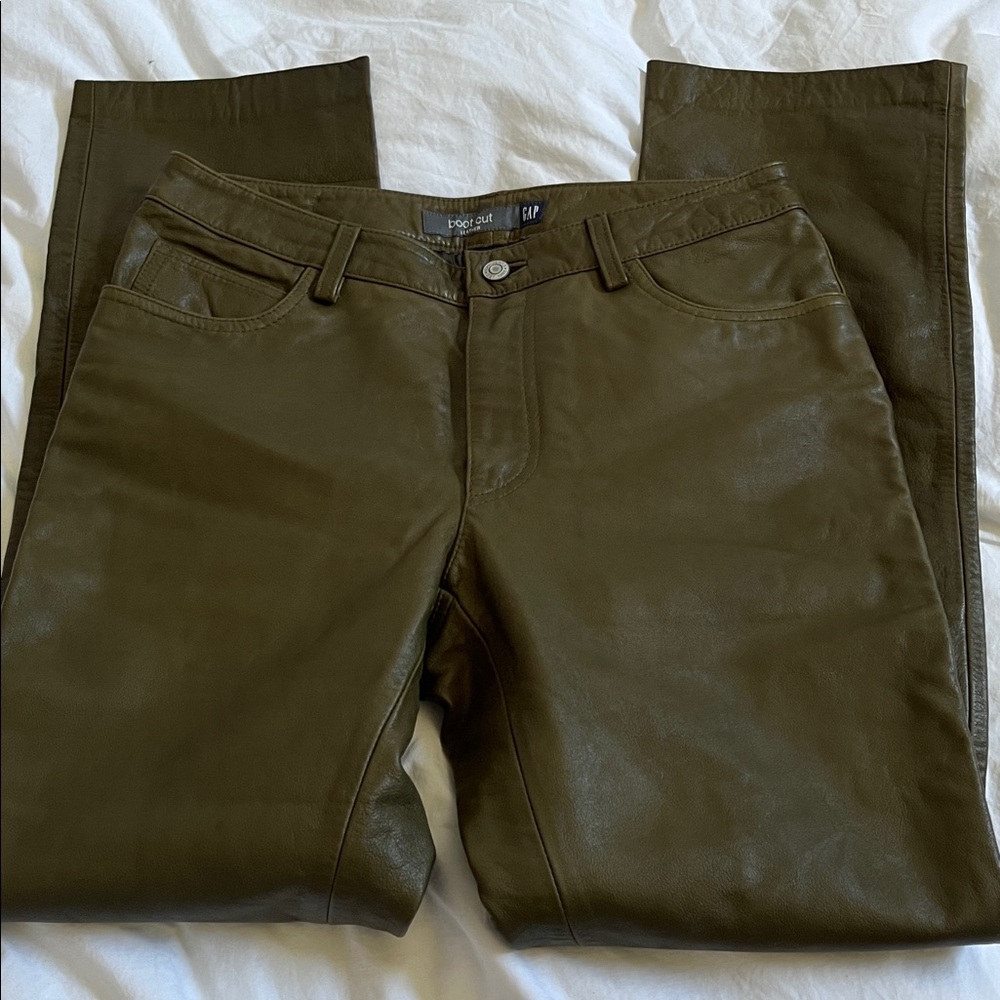 Gap Y2K 2000 Bootcut Real genuine Leather Pants Olive Green Army size 8